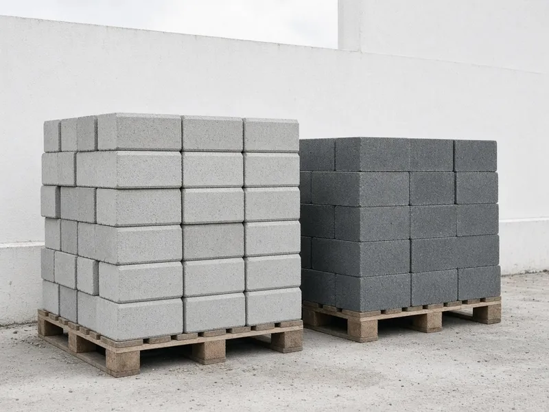 Paletten mit hellen und dunkelgrauen Betonsteinen