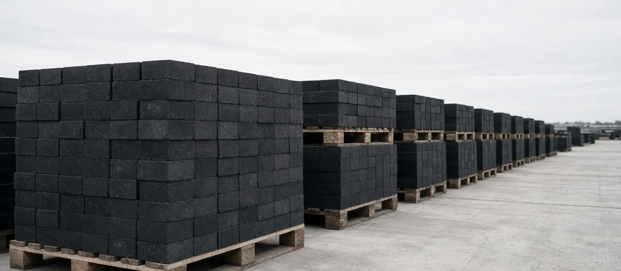 Schwarze Pflastersteine auf Paletten in einem Lagerbereich