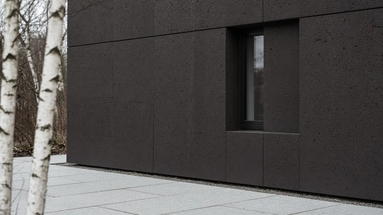 Facade in black through-coloured concrete next to birch trees