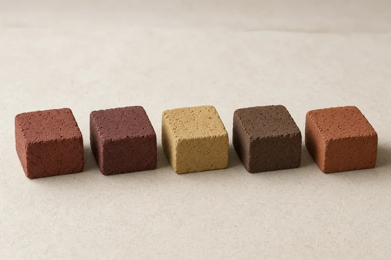 Five small concrete cubes in earth tones in a row