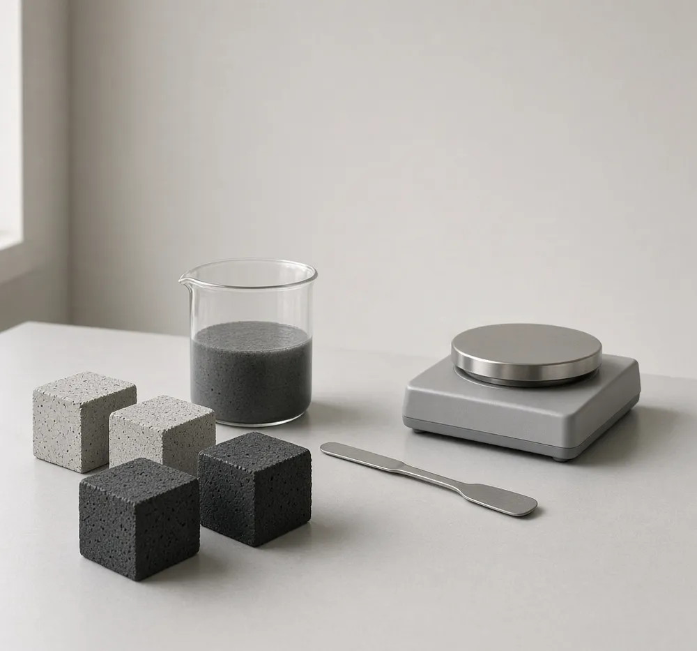 Laboratory bench with concrete cubes, beaker and scale